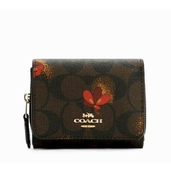 New Coach C6042 Signature Pop Flower Print Small Trifold wallet Brown / Black - Picture 1 of 2